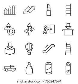Thin line icon set : graph up, down arrow, lipstick, stairs, trip, route, courier delivery, package, air ballon, escalator, pickup, cleanser, powder, please clean