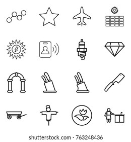 Thin line icon set : graph, star, plane, sun power, pass card, spark plug, diamond, arch, stands for knives, knife holder, chef, trailer, scarecrow, ecology, kitchen cleaning