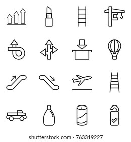 Thin line icon set : graph up, lipstick, stairs, tower crane, trip, route, package, air ballon, escalator, departure, pickup, cleanser, powder, please clean