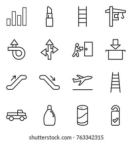 Thin line icon set : graph, lipstick, stairs, tower crane, trip, route, courier delivery, package, escalator, departure, pickup, cleanser, powder, please clean