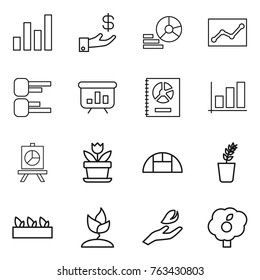 Thin line icon set : graph, investment, diagram, statistics, presentation, annual report, flower, greenhouse, seedling, sprouting, hand leaf, garden