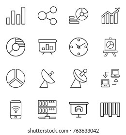 Thin line icon set : graph, share, diagram, circle, presentation, clock, satellite antenna, notebook connect, phone wireless, server, bar code