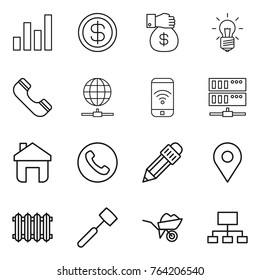 Thin line icon set : graph, dollar, money gift, bulb, phone, globe connect, wireless, server, home, pencil, geo pin, radiator, meat hammer, wheelbarrow, hierarchy