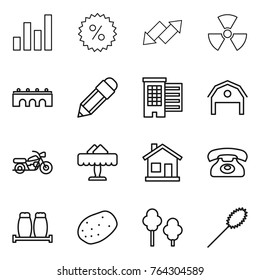 Thin line icon set : graph, percent, up down arrow, nuclear, bridge, pencil, houses, barn, motorcycle, restaurant, home, phone, salt pepper, potato, trees, duster