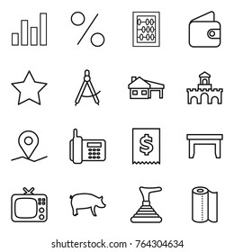 Thin line icon set : graph, percent, abacus, wallet, star, draw compass, house with garage, fort, geo pin, phone, tax, table, tv, pig, plunger, paper towel