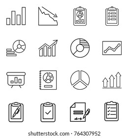 Thin line icon set : graph, crisis, report, clipboard, diagram, circle, statistics, presentation, annual, up, pen, check, inventory, list