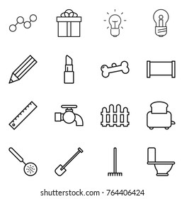 Thin line icon set : graph, gift, bulb, pencil, lipstick, bone, fence, ruler, water tap, toaster, skimmer, shovel, rake, toilet