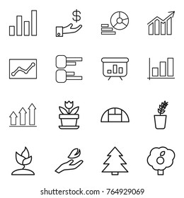 Thin line icon set : graph, investment, diagram, statistics, presentation, up, flower, greenhouse, seedling, sprouting, hand leaf, spruce, garden