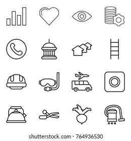 Thin line icon set : graph, heart, eye, virtual mining, phone, goverment house, houses, stairs, building helmet, diving mask, transfer, ring button, kettle, scissors, beet, vacuum cleaner