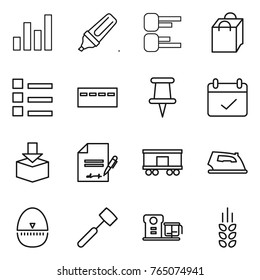 Thin line icon set : graph, marker, diagram, shopping bag, list, bunker, pin, terms, package, inventory, railroad shipping, iron, egg timer, meat hammer, food processor, spikelets