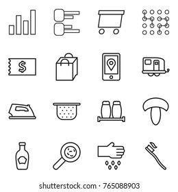 Thin line icon set : graph, diagram, delivery, chip, receipt, shopping bag, mobile location, trailer, iron, colander, salt pepper, mushroom, ketchup, viruses, sow, tooth brush
