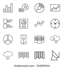 Thin line icon set : graph, diagram, circle, statistics, annual report, clock, phone wireless, server, cloude service, cloud, bar code, satellite antenna
