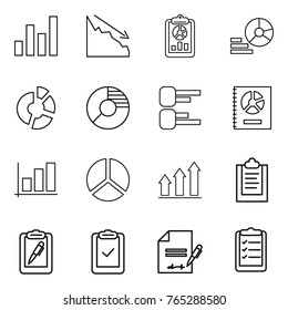 Thin line icon set : graph, crisis, report, diagram, circle, annual, up, clipboard, pen, check, inventory, list