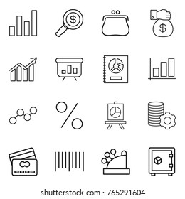 Thin line icon set : graph, dollar magnifier, purse, money gift, diagram, presentation, annual report, percent, virtual mining, credit card, bar code, cashbox, safe