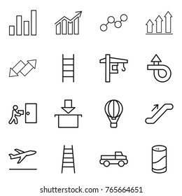 Thin line icon set : graph, diagram, up, down arrow, stairs, tower crane, trip, courier delivery, package, air ballon, escalator, departure, pickup, cleanser powder