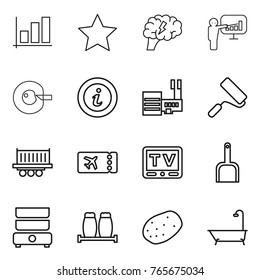 Thin line icon set : graph, star, brain, presentation, cell corection, info, mall, repair, truck shipping, ticket, tv, scoop, double boiler, salt pepper, potato, bath