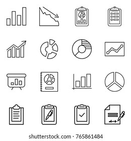 Thin line icon set : graph, crisis, report, clipboard, diagram, circle, statistics, presentation, annual, pen, check, inventory