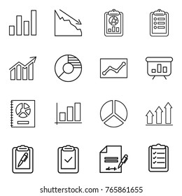 Thin line icon set : graph, crisis, report, clipboard, diagram, circle, statistics, presentation, annual, up, pen, check, inventory, list