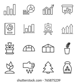 Thin line icon set : graph, diagram, presentation, annual report, up, flower, greenhouse, seedling, sprouting, sow, spruce, fertilizer