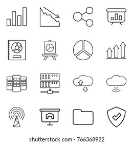 Thin line icon set : graph, crisis, share, presentation, annual report, diagram, up, server, cloude service, cloud wireless, antenna, documents, protected