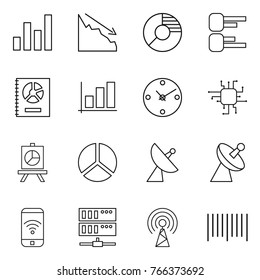 Thin line icon set : graph, crisis, circle diagram, annual report, clock, chip, presentation, satellite antenna, phone wireless, server, bar code