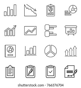 Thin line icon set : graph, crisis, report, diagram, statistics, presentation, annual, up, clipboard, pen, check, inventory