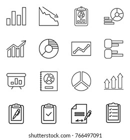 Thin line icon set : graph, crisis, report, diagram, circle, statistics, presentation, annual, up, clipboard pen, check, inventory, list