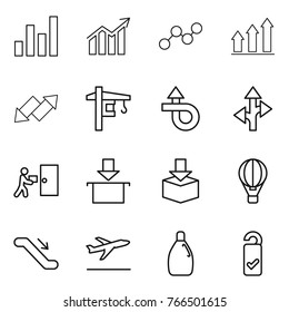 Thin line icon set : graph, diagram, up, down arrow, tower crane, trip, route, courier delivery, package, air ballon, escalator, departure, cleanser, please clean