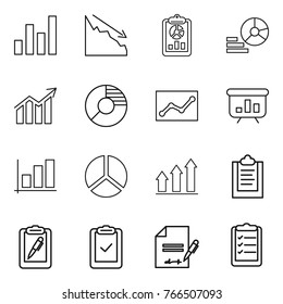 Thin line icon set : graph, crisis, report, diagram, circle, statistics, presentation, up, clipboard, pen, check, inventory, list