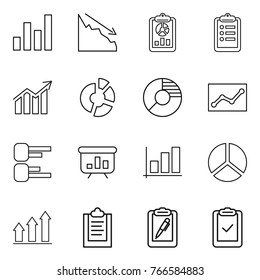 Thin line icon set : graph, crisis, report, clipboard, diagram, circle, statistics, presentation, up, pen, check