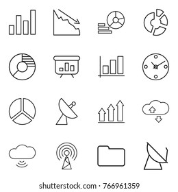 Thin line icon set : graph, crisis, diagram, circle, presentation, clock, satellite antenna, up, cloude service, cloud wireless, documents
