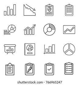 Thin line icon set : graph, crisis, report, clipboard, diagram, circle, statistics, presentation, annual, pen, check, list