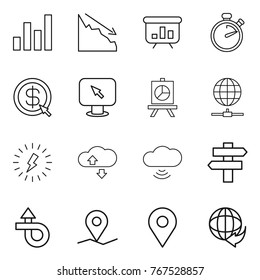 Thin line icon set : graph, crisis, presentation, stopwatch, dollar arrow, monitor, globe connect, lightning, cloude service, cloud wireless, singlepost, trip, geo pin, delivery