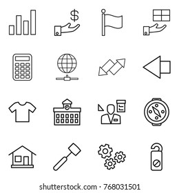 Thin line icon set : graph, investment, flag, gift, calculator, globe connect, up down arrow, left, t shirt, university, architector, compass, home, meat hammer, gears, do not distrub
