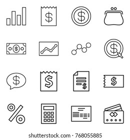 Thin line icon set : graph, receipt, dollar, purse, money, statistics, arrow, message, account balance, percent, calculator, invoice, credit card