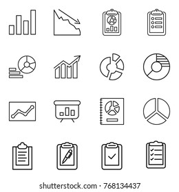 Thin line icon set : graph, crisis, report, clipboard, diagram, circle, statistics, presentation, annual, pen, check, list
