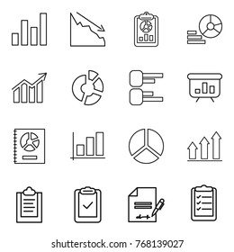 Thin line icon set : graph, crisis, report, diagram, circle, presentation, annual, up, clipboard, check, inventory, list