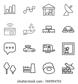 Thin line icon set : graph, warehouse, satellite antenna, tap to pay, chemical industry, block wall, dome house, sms, car baggage, trailer, flower in window, trees, factory, soap, construct garbage