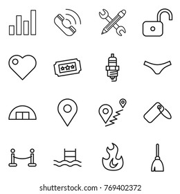 Thin line icon set : graph, call, pencil wrench, unlock, heart, ticket, spark plug, underpants, hangare, geo pin, route, label, vip fence, pool, fire, broom