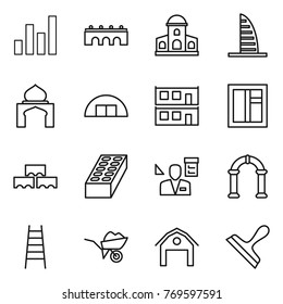 Thin line icon set : graph, bridge, mansion, skyscraper, minaret, hangare, modular house, window, block wall, brick, architector, arch, stairs, wheelbarrow, barn, scraper