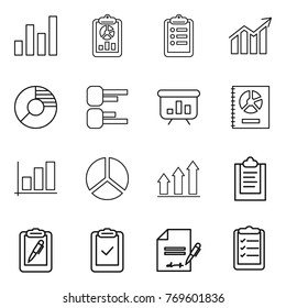 Thin line icon set : graph, report, clipboard, diagram, circle, presentation, annual, up, pen, check, inventory, list