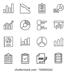 Thin line icon set : graph, crisis, report, diagram, circle, presentation, annual, up, clipboard, check, inventory, list