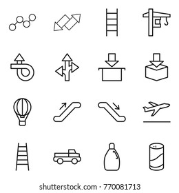 Thin line icon set : graph, up down arrow, stairs, tower crane, trip, route, package, air ballon, escalator, departure, pickup, cleanser, powder