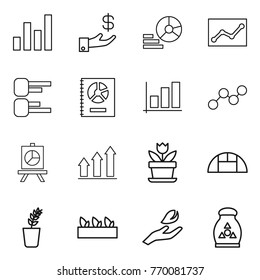 Thin line icon set : graph, investment, diagram, statistics, annual report, presentation, up, flower, greenhouse, seedling, hand leaf, fertilizer