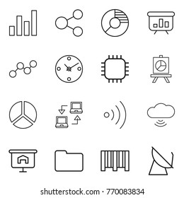 Thin line icon set : graph, share, circle diagram, presentation, clock, chip, notebook connect, wireless, cloud, documents, bar code, satellite antenna