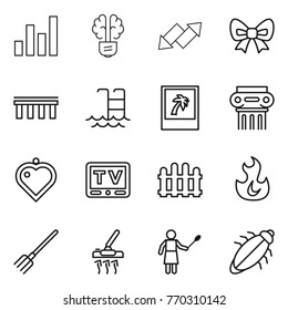 Thin line icon set : graph, bulb brain, up down arrow, bow, bridge, pool, photo, antique column, heart pendant, tv, fence, fire, fork, vacuum cleaner, woman with duster, bug