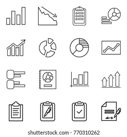 Thin line icon set : graph, crisis, clipboard, diagram, circle, statistics, annual report, up, pen, check, inventory