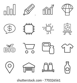 Thin Line Icon Set : Graph, Marker, Diagram, Parachute, Money Message, Chip, Presentation, Bio, Cart, Scales Weight, T Shirt, Geo Pin, Garage, Salt Pepper, Ketchup