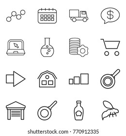Thin line icon set : graph, calendar, truck, money message, notebook, round flask, virtual mining, cart, right arrow, house, sorting, pan, garage, ketchup, wasp