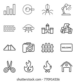 Thin line icon set : graph, cell corection, virus, table lamp, battery, ufo, castle, modern architecture, pyramid, camera, fence, welcome mat, scissors, fire, barn